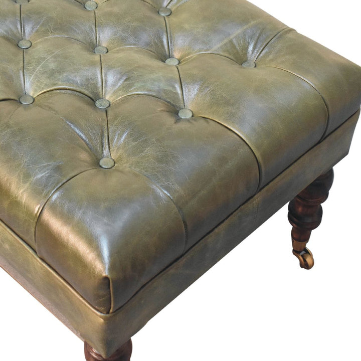 Buffalo Green Leather Ottoman - Solid Mango Wood Accent Stool for Living Room - product view 7 showing handcrafted solid...