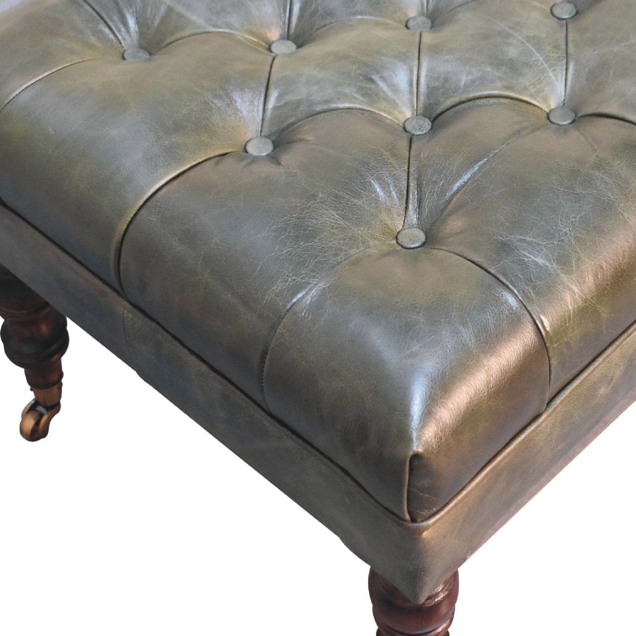 Buffalo Green Leather Ottoman - Solid Mango Wood Accent Stool for Living Room - product view 6 showing handcrafted solid...