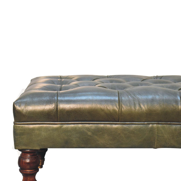 Buffalo Green Leather Ottoman - Solid Mango Wood Accent Stool for Living Room - product view 5 showing handcrafted solid...