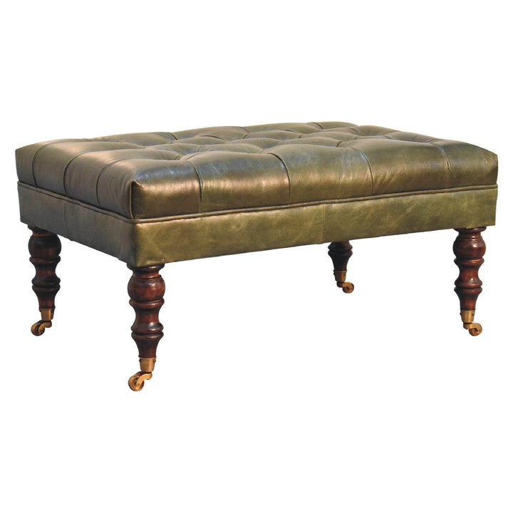 Buffalo Green Leather Ottoman - Solid Mango Wood Accent Stool for Living Room - product view 4 showing handcrafted solid...