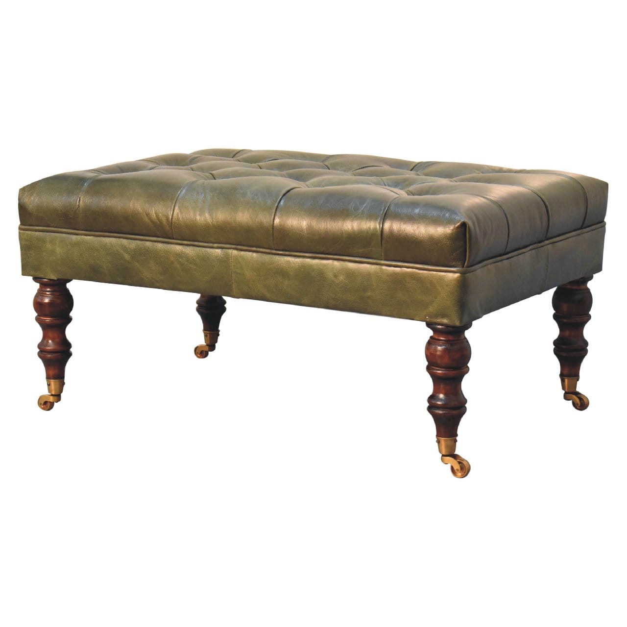 Buffalo Green Leather Ottoman - Solid Mango Wood Accent Stool for Living Room - product view 3 showing handcrafted solid...