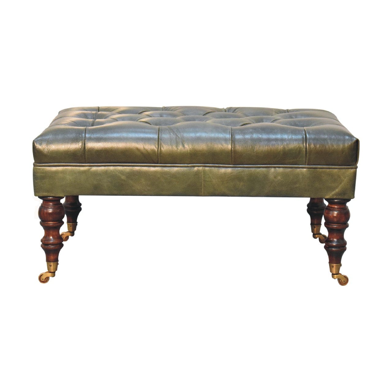 Buffalo Green Leather Ottoman - Solid Mango Wood Accent Stool for Living Room - product view 2 showing handcrafted solid...