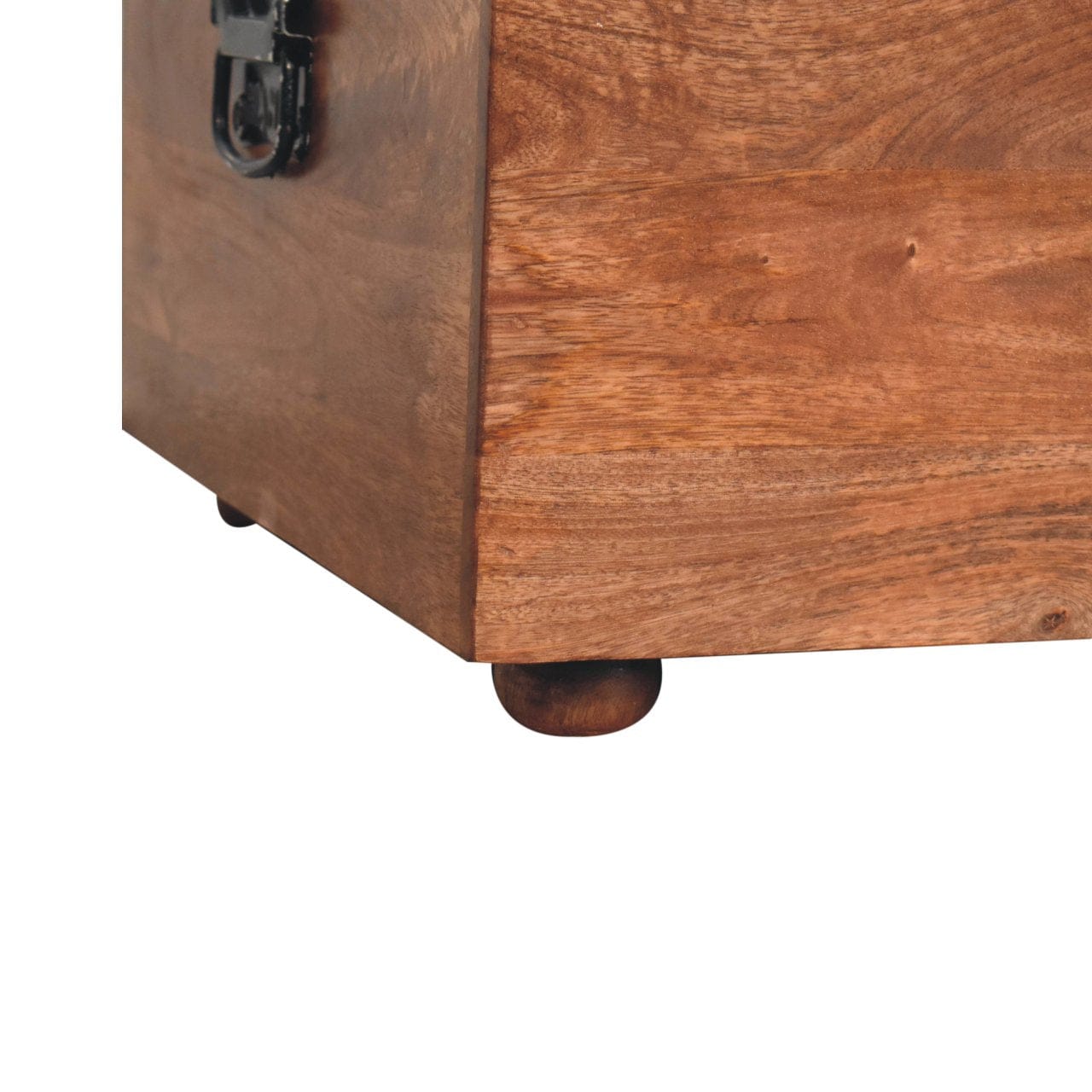 Buffalo Hide Honey Caramel Storage Trunk - Solid Mango Wood Blanket Chest for Bedroom close-up of bottom corner and feet