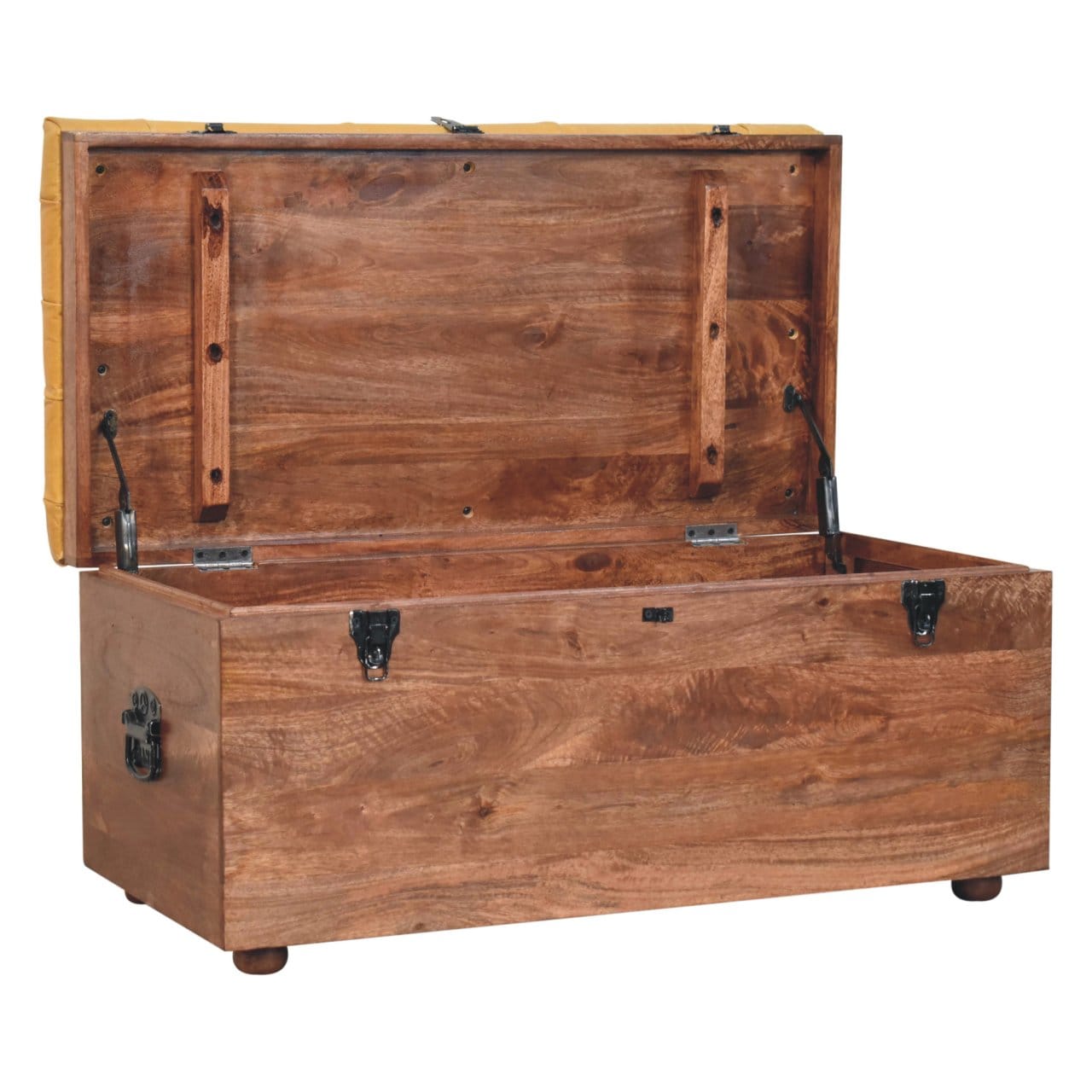 Buffalo Hide Honey Caramel Storage Trunk - Solid Mango Wood Blanket Chest for Bedroom with open lid.