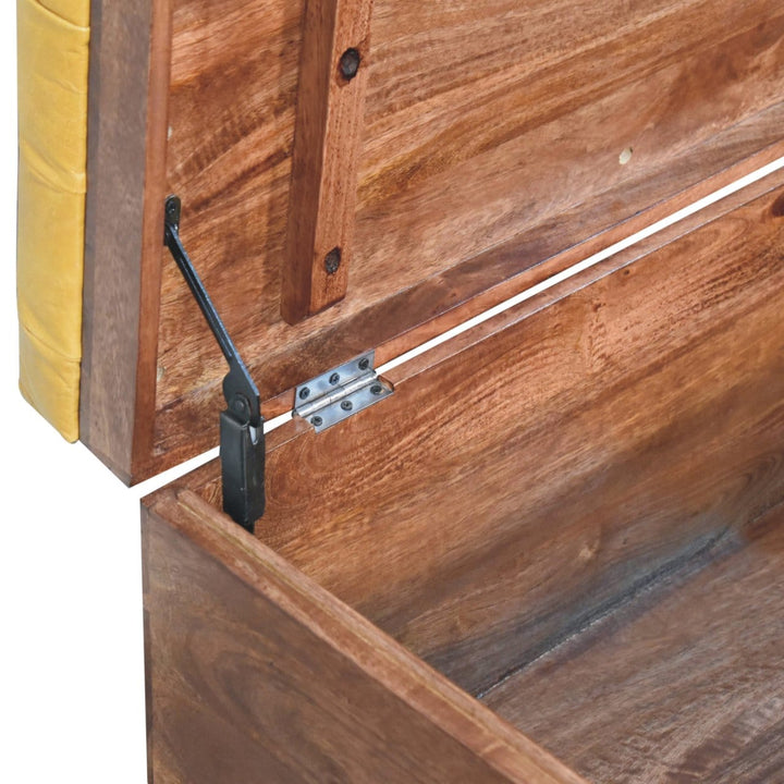 Buffalo Hide Honey Caramel Storage Trunk - Solid Mango Wood Blanket Chest for Bedroom interior view showing storage space and hinge.
