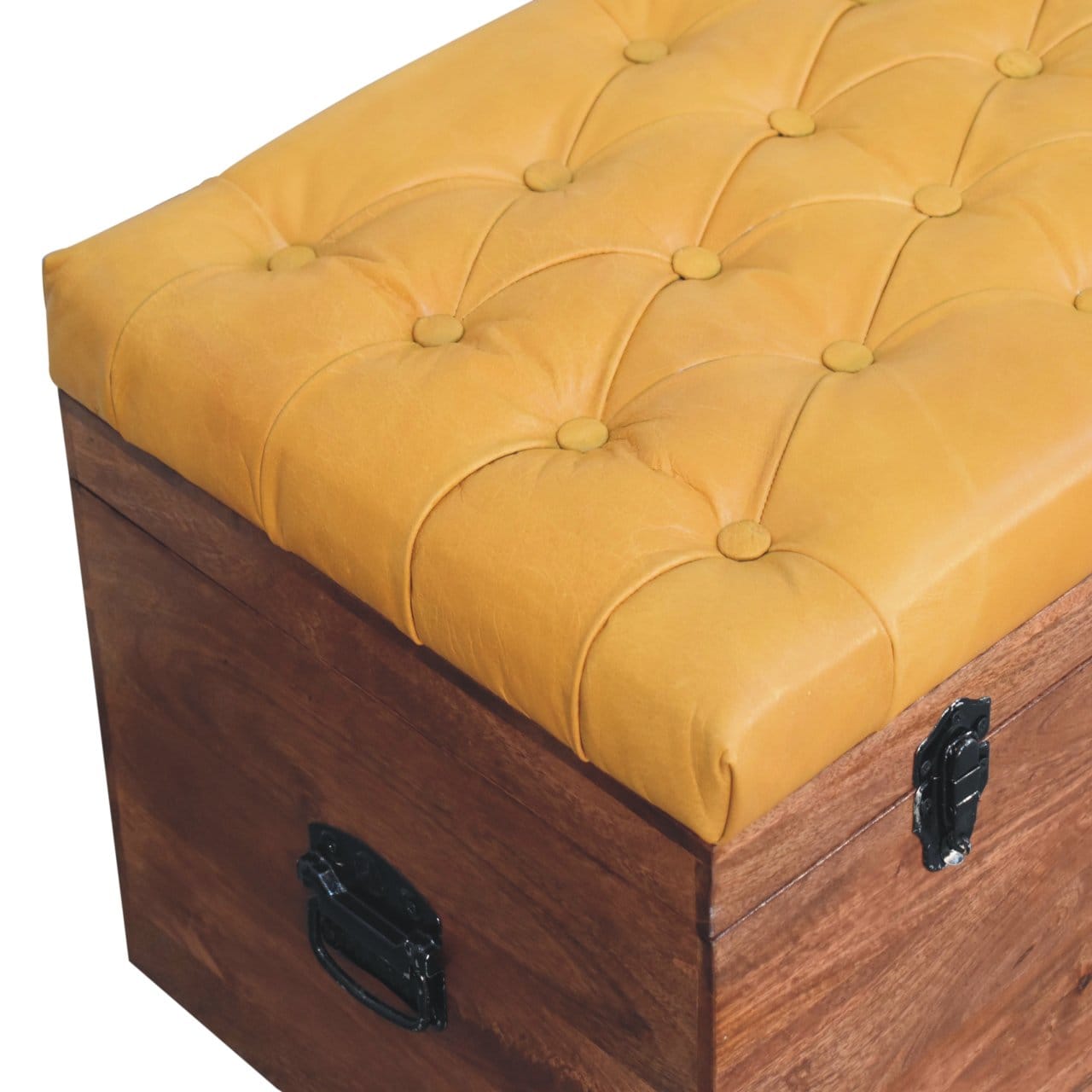 Buffalo Hide Honey Caramel Storage Trunk - Solid Mango Wood Blanket Chest for Bedroom with yellow tufted lid.