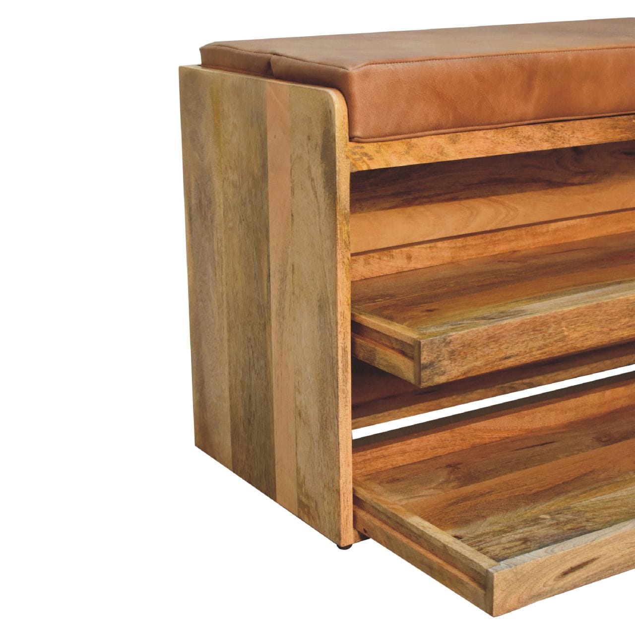 Buffalo Hide Oak-ish Shoe Storage Bench - Solid Mango Wood Seating Furniture for Entryway - product view 6 showing...