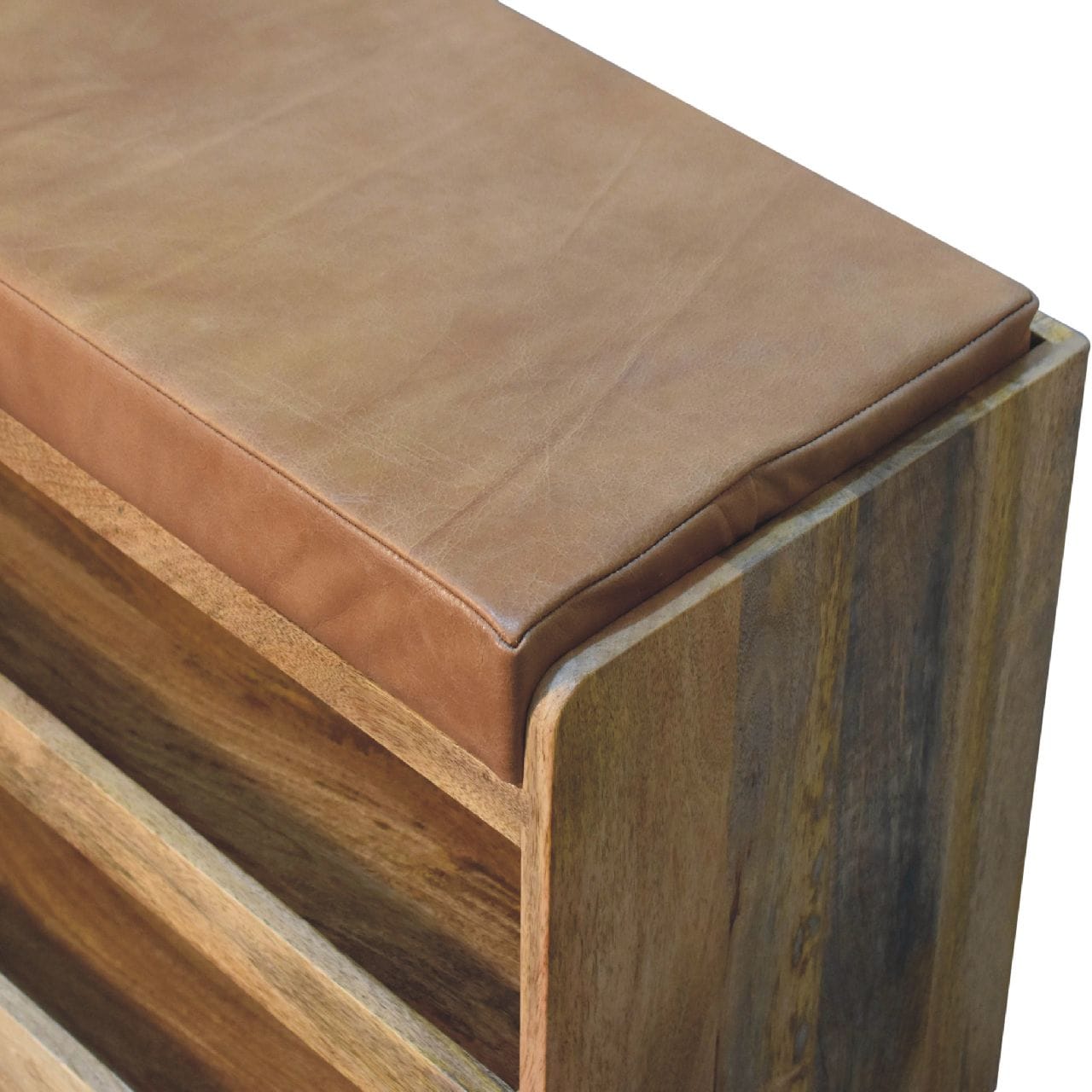 Buffalo Hide Oak-ish Shoe Storage Bench - Solid Mango Wood Seating Furniture for Entryway - product view 5 showing...
