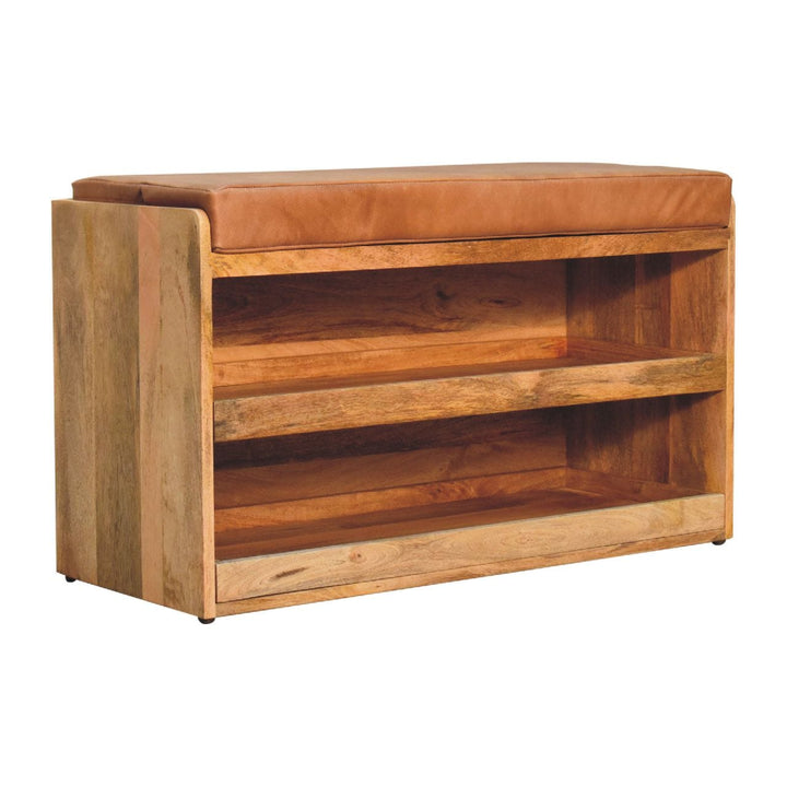 Buffalo Hide Oak-ish Shoe Storage Bench - Solid Mango Wood Seating Furniture for Entryway - product view 3 showing...