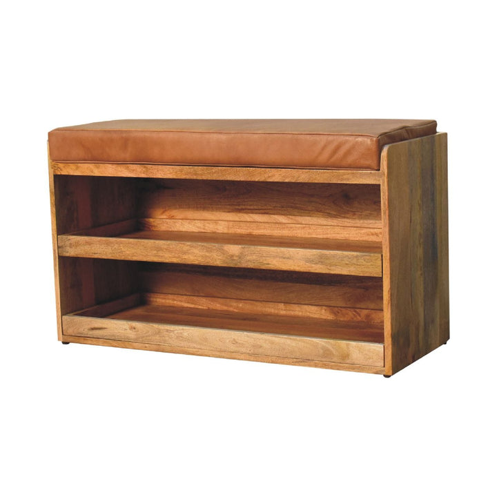 Buffalo Hide Oak-ish Shoe Storage Bench - Solid Mango Wood Seating Furniture for Entryway - product view 2 showing...