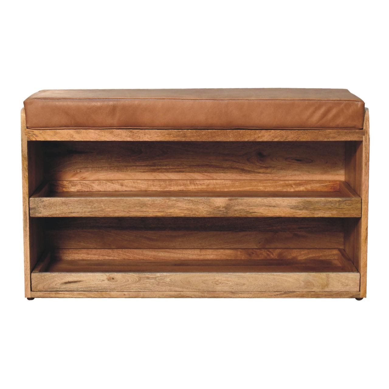 Buffalo Hide Oak-ish Shoe Storage Bench - Solid Mango Wood Seating Furniture for Entryway - main view showing handcrafted...