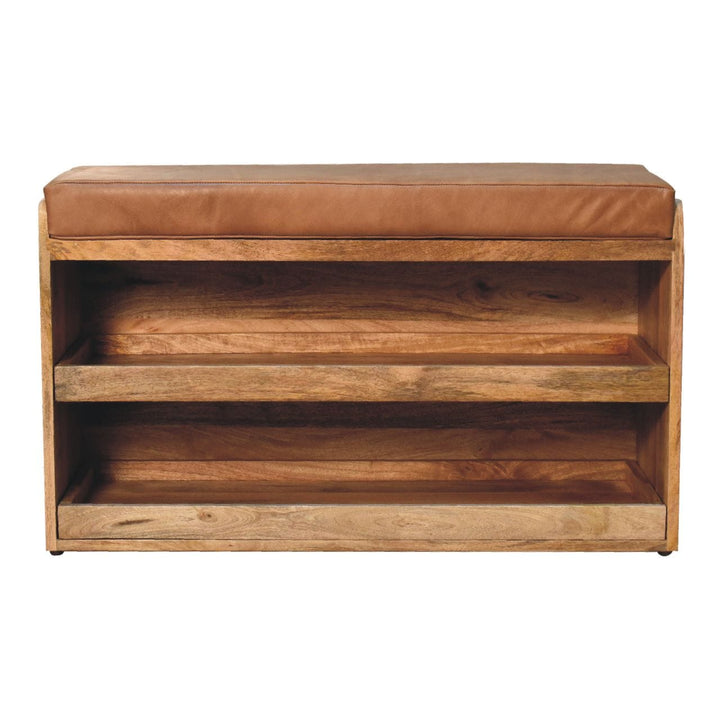 Buffalo Hide Oak-ish Shoe Storage Bench - Solid Mango Wood Seating Furniture for Entryway - main view showing handcrafted...