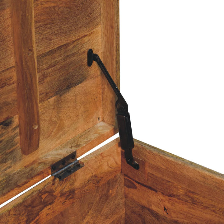 Buffalo Hide Oak-ish Storage Trunk - Solid Mango Wood Blanket Chest for Bedroom interior detail with hinges