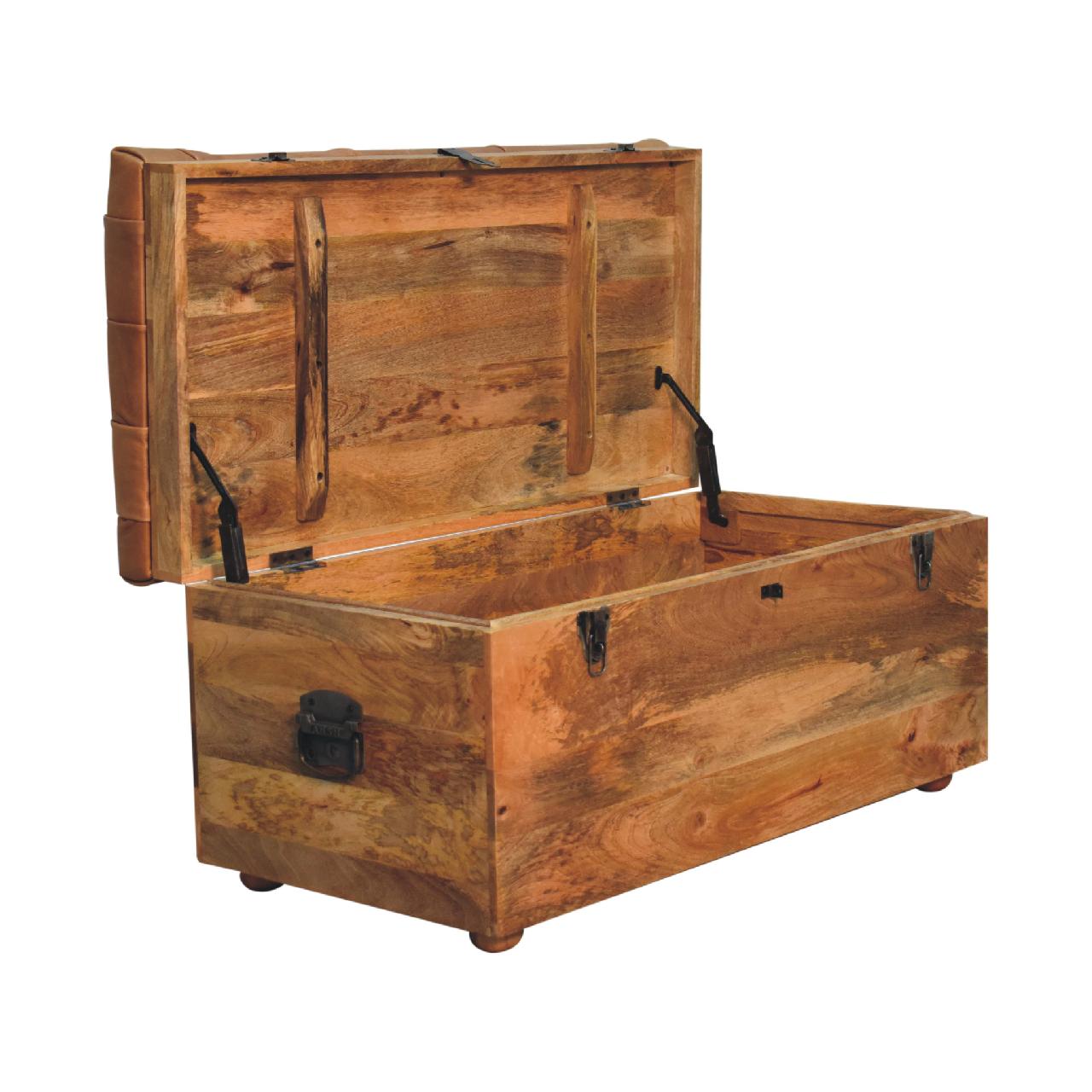 Buffalo Hide Oak-ish Storage Trunk - Solid Mango Wood Blanket Chest for Bedroom with open lid for storage.