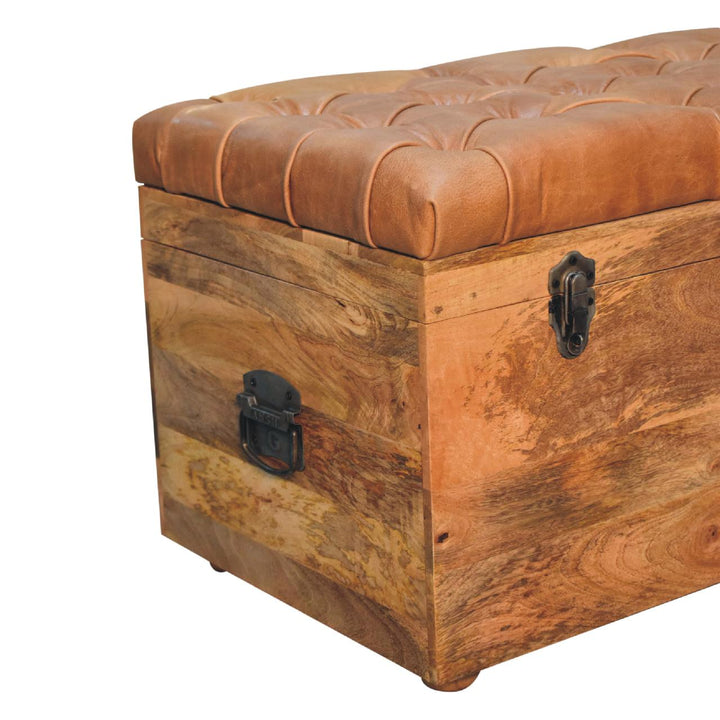 Buffalo Hide Oak-ish Storage Trunk - Solid Mango Wood Blanket Chest for Bedroom with tufted lid and storage compartment.
