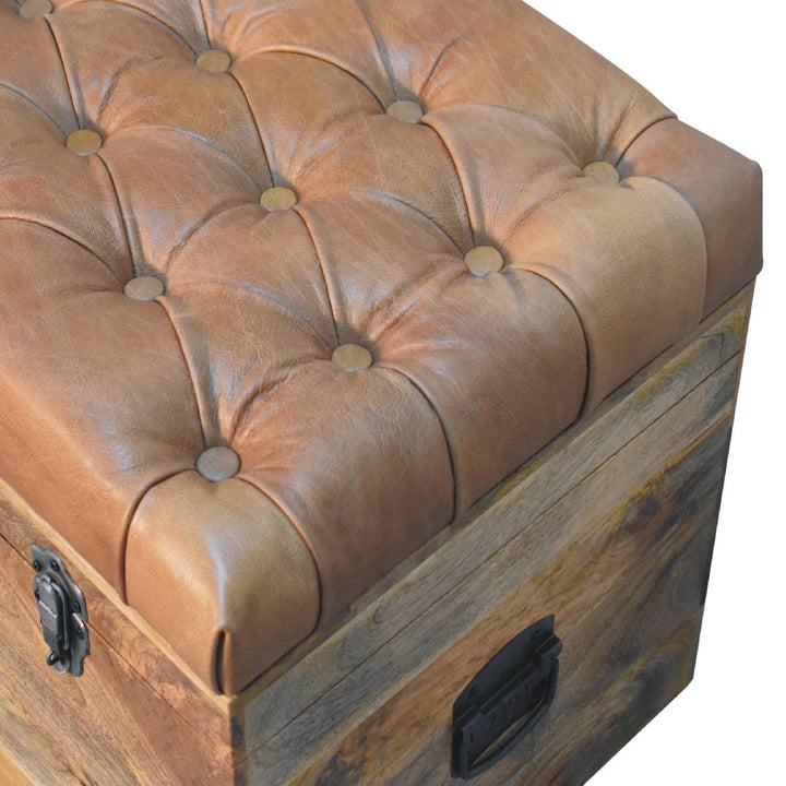 Buffalo Hide Oak-ish Storage Trunk - Solid Mango Wood Blanket Chest for Bedroom, tufted leather top design.