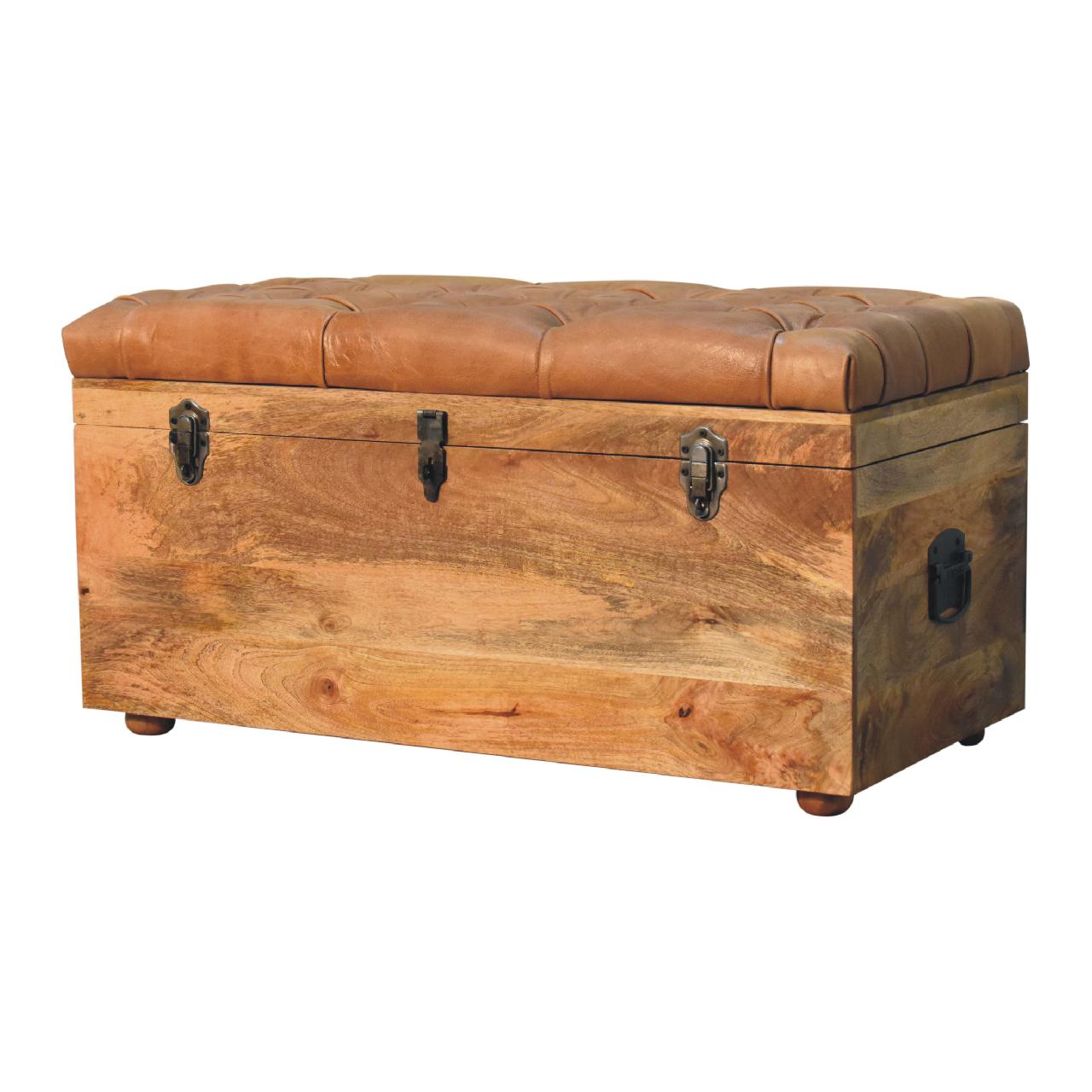 Buffalo Hide Oak-ish Storage Trunk - Solid Mango Wood Blanket Chest for Bedroom