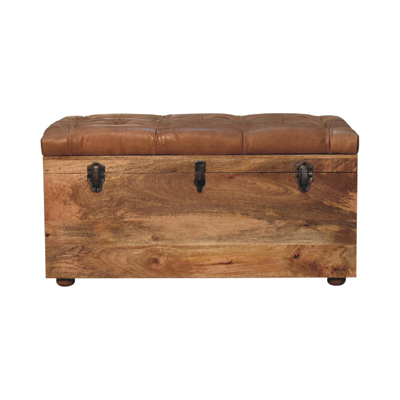 Buffalo Hide Oak-ish Storage Trunk - Solid Mango Wood Blanket Chest for Bedroom with leather top.