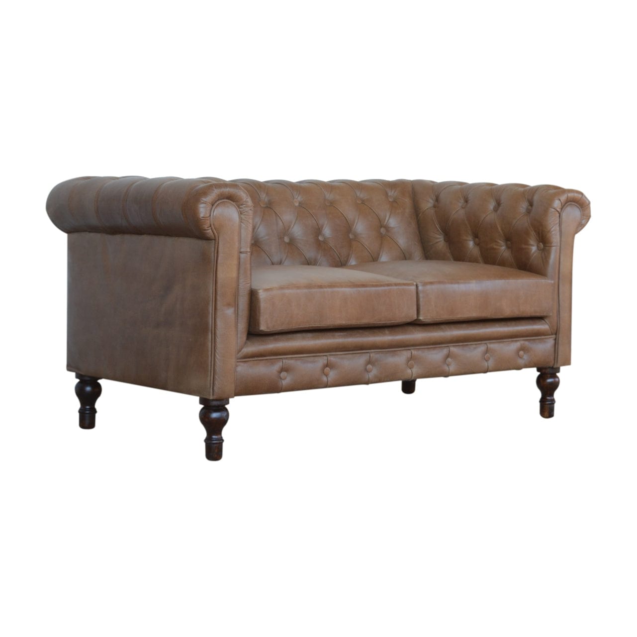 Buffalo Leather Chesterfield Sofa - Upholstered 2 Seater for Bedroom & Living Room - product view 2 showing handcrafted...