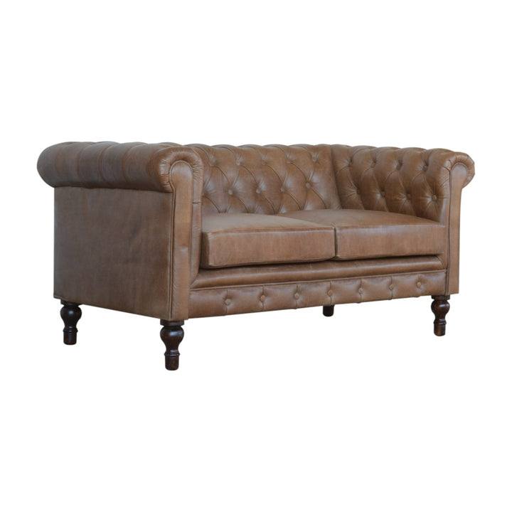 Buffalo Leather Chesterfield Sofa - Upholstered 2 Seater for Bedroom & Living Room - product view 2 showing handcrafted...