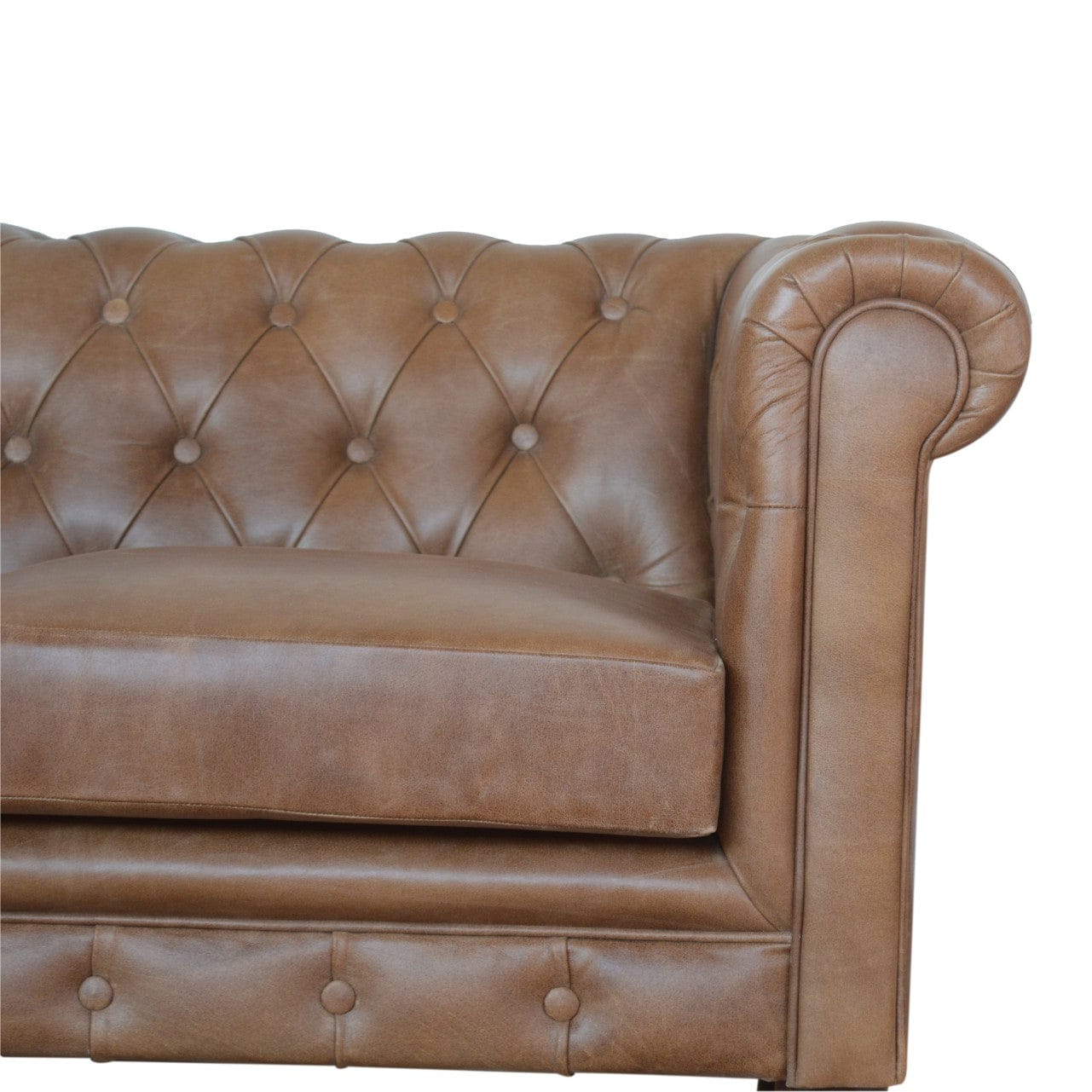 Buffalo Leather Chesterfield Sofa - Upholstered 2 Seater for Bedroom & Living Room - product view 8 showing handcrafted...
