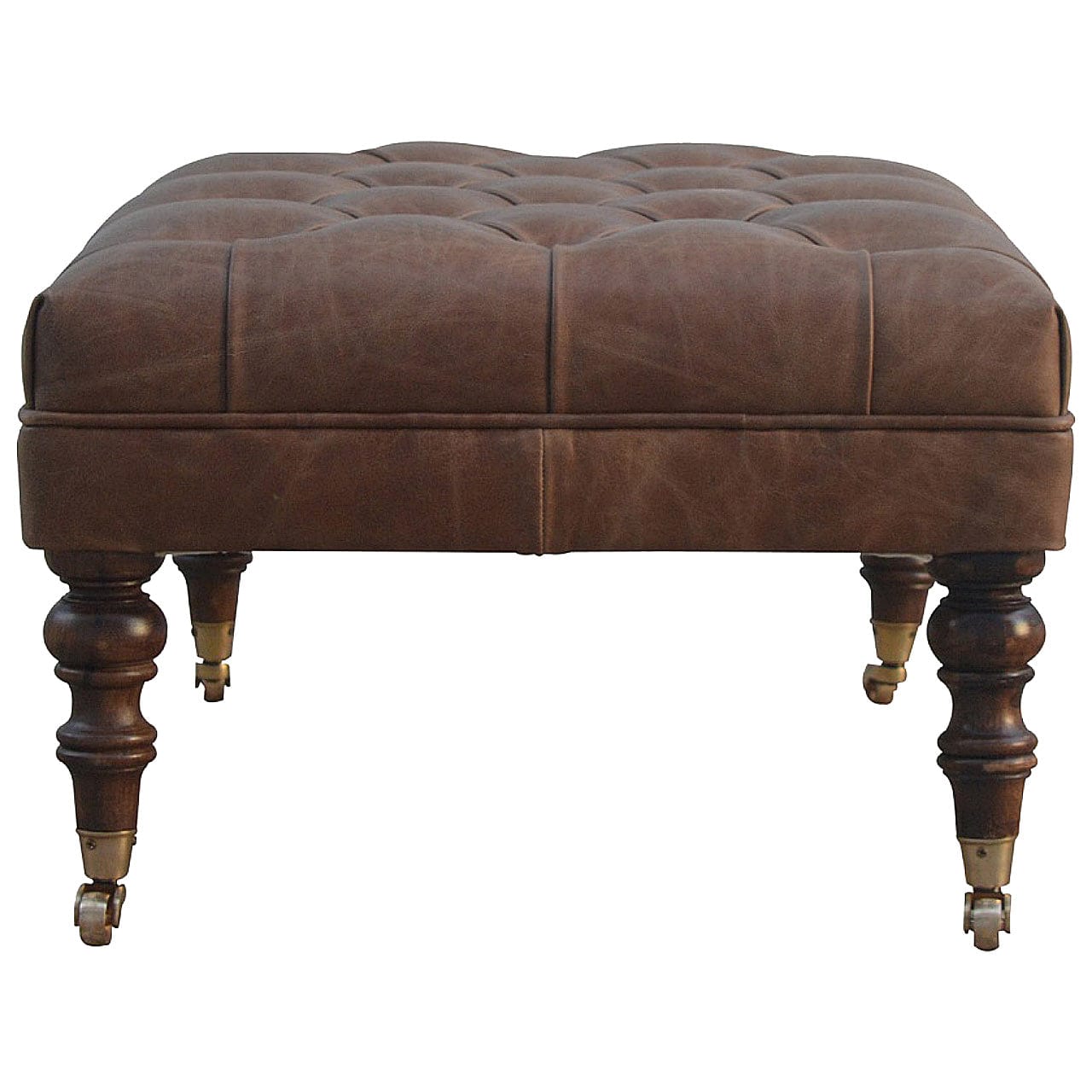 Buffalo Leather Ottoman - Solid Mango Wood Accent Stool for Living Room - product view 10 showing handcrafted solid mango...