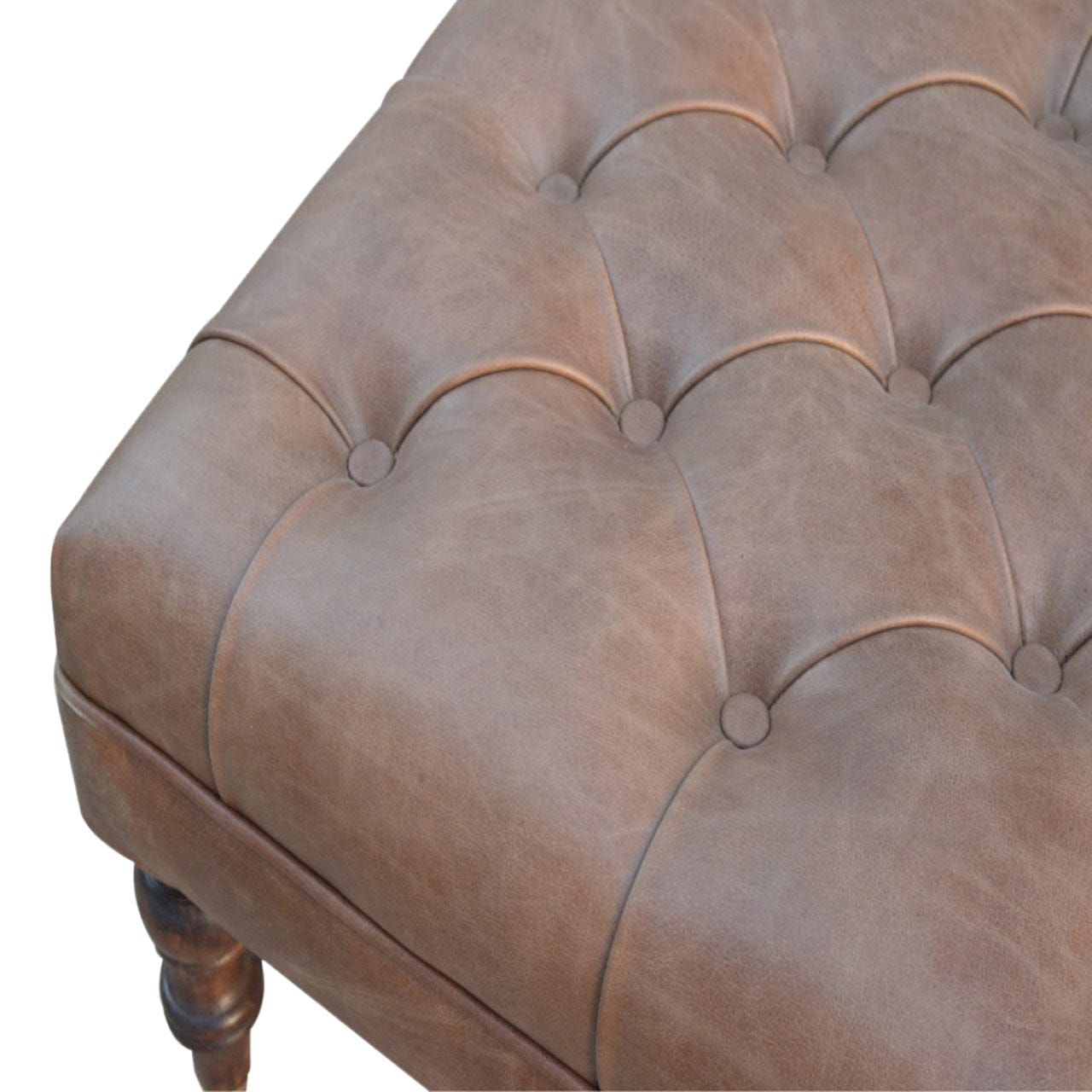 Buffalo Leather Ottoman - Solid Mango Wood Accent Stool for Living Room - product view 9 showing handcrafted solid mango...