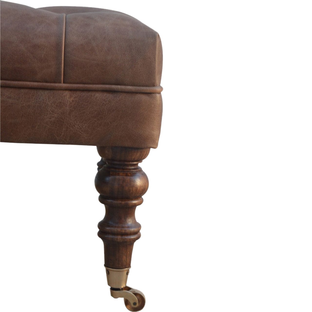 Buffalo Leather Ottoman - Solid Mango Wood Accent Stool for Living Room - product view 8 showing handcrafted solid mango...
