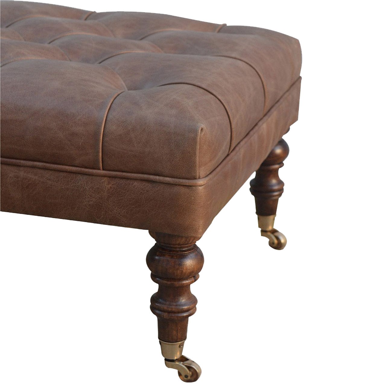 Buffalo Leather Ottoman - Solid Mango Wood Accent Stool for Living Room - product view 7 showing handcrafted solid mango...