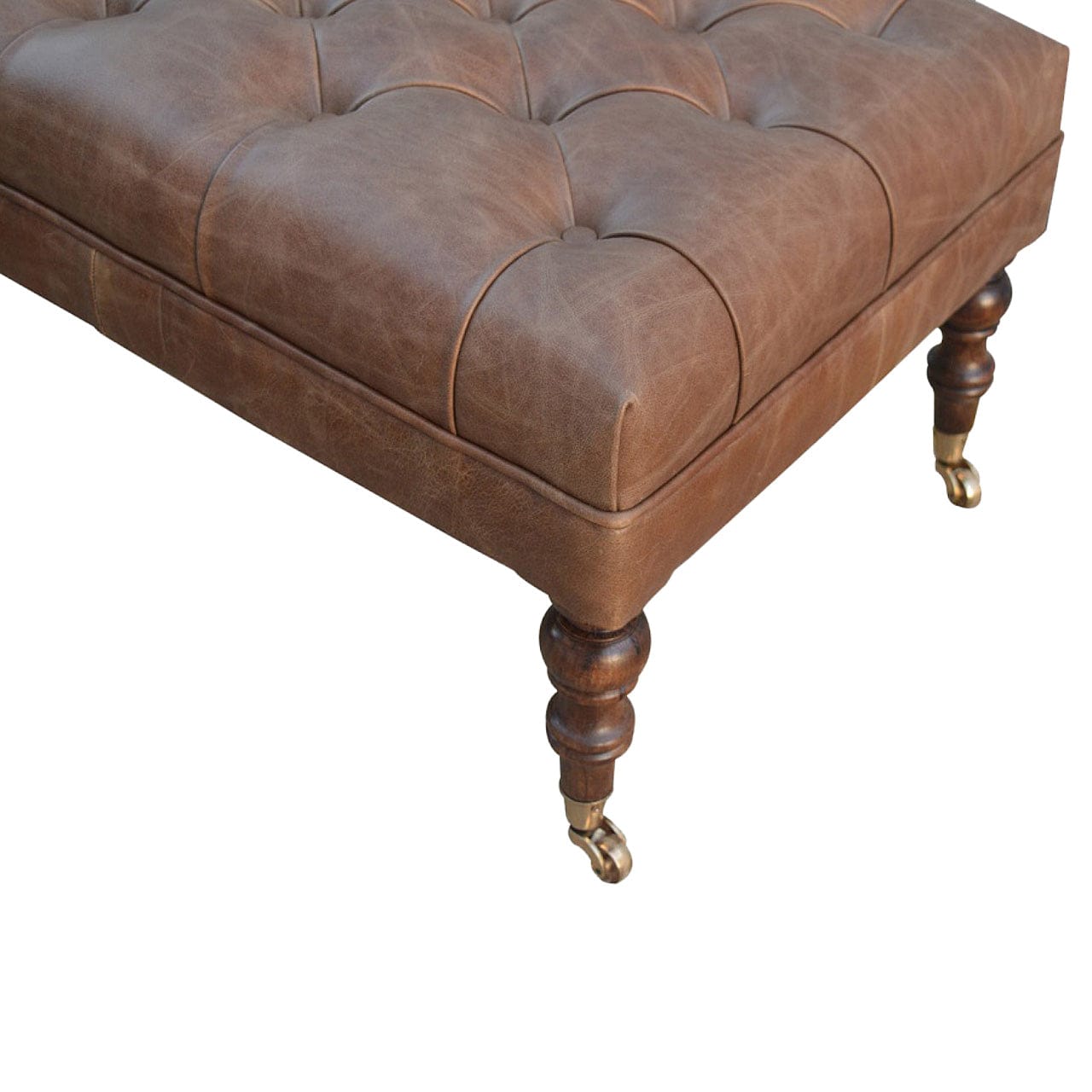 Buffalo Leather Ottoman - Solid Mango Wood Accent Stool for Living Room - product view 6 showing handcrafted solid mango...