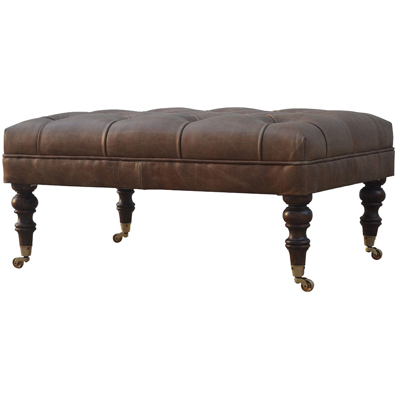 Buffalo Leather Ottoman - Solid Mango Wood Accent Stool for Living Room - product view 5 showing handcrafted solid mango...