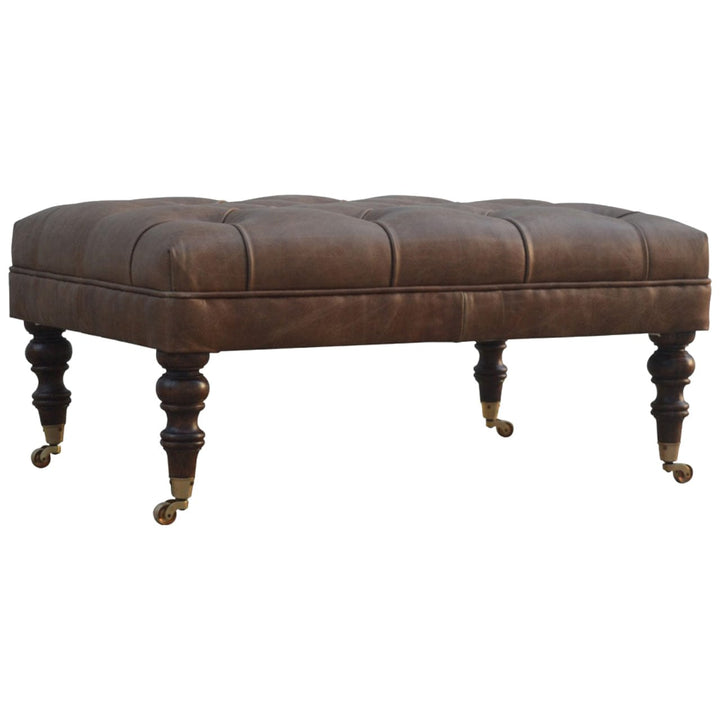 Buffalo Leather Ottoman - Solid Mango Wood Accent Stool for Living Room - product view 2 showing handcrafted solid mango...
