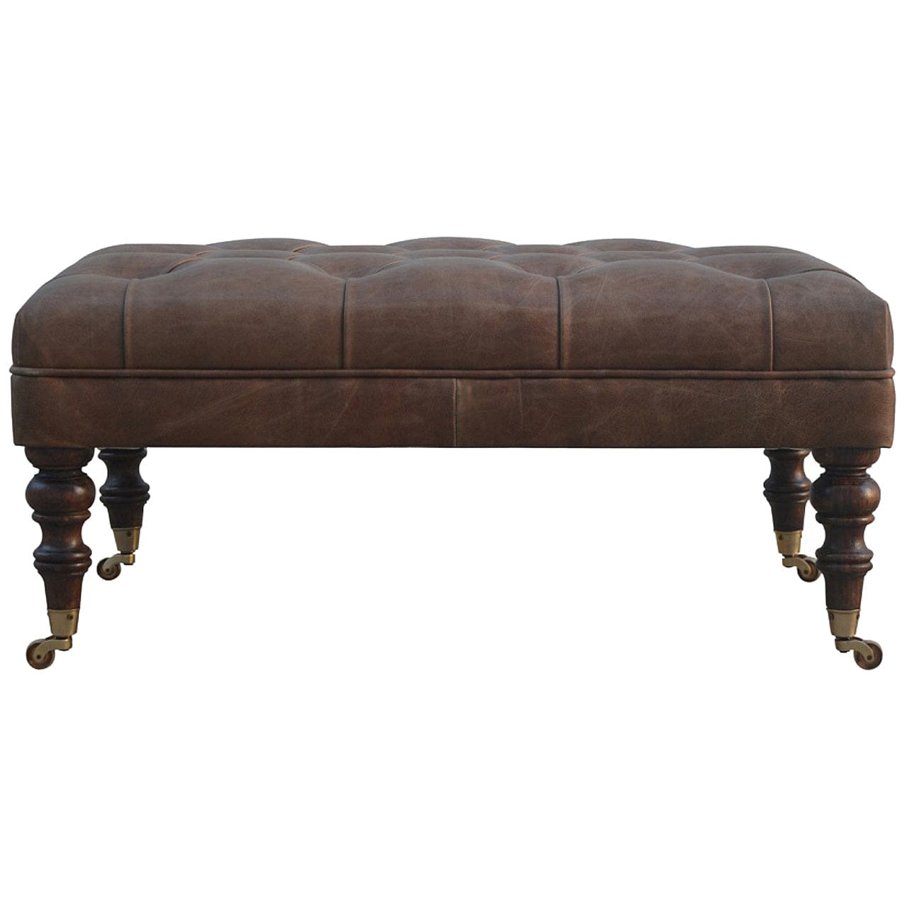 Buffalo Leather Ottoman - Solid Mango Wood Accent Stool for Living Room - product view 4 showing handcrafted solid mango...