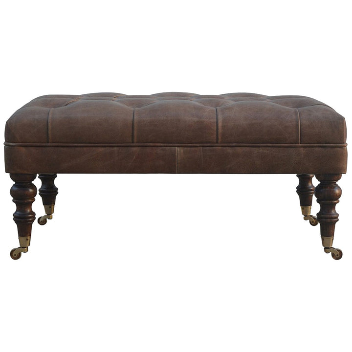 Buffalo Leather Ottoman - Solid Mango Wood Accent Stool for Living Room - product view 4 showing handcrafted solid mango...