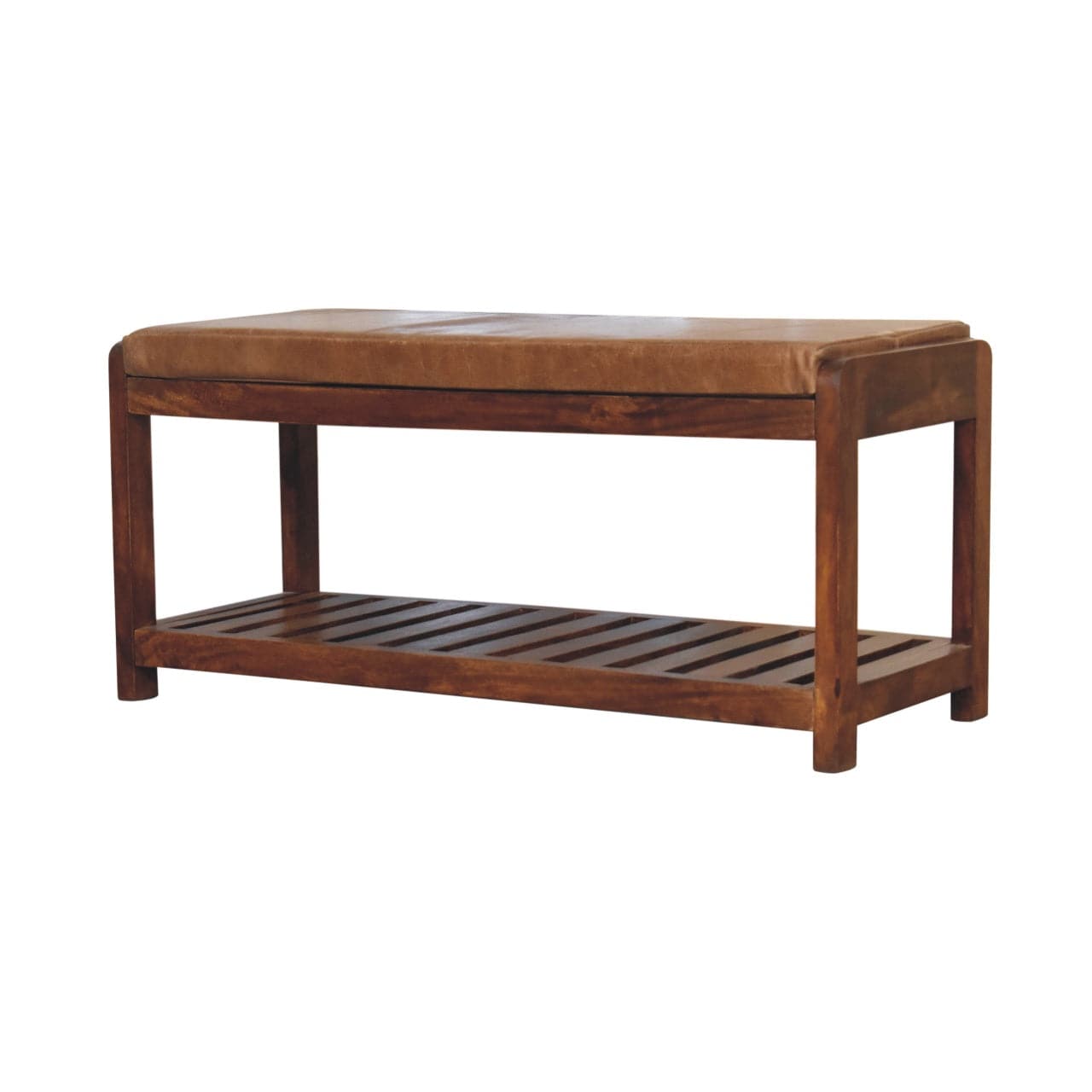 Buffalo Slatted Hallway Bench - Solid Mango Wood Seating Furniture for Entryway, versatile rustic design for various spaces.