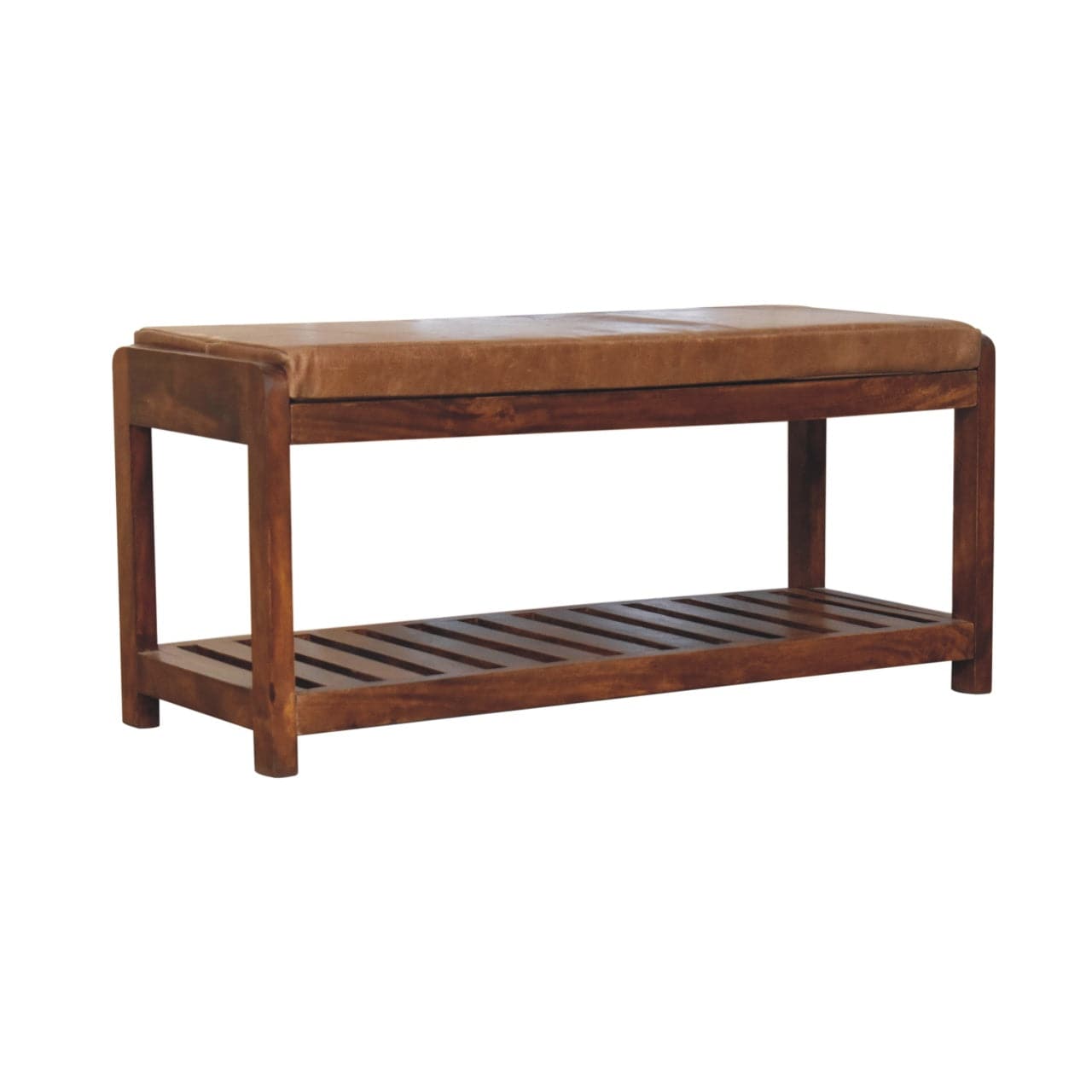Buffalo Slatted Hallway Bench - Solid Mango Wood Seating Furniture for Entryway, handcrafted with rustic charm.