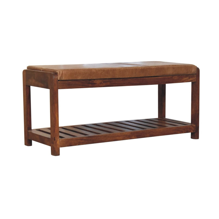Buffalo Slatted Hallway Bench - Solid Mango Wood Seating Furniture for Entryway, handcrafted with rustic charm.
