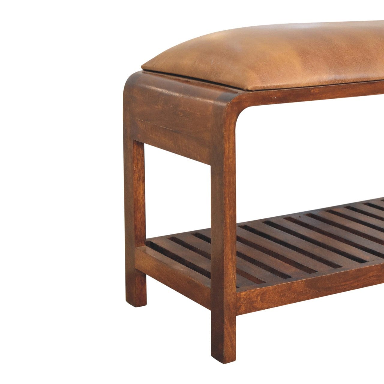 Buffalo Slatted Square Bench - Solid Mango Wood Seating Furniture for Entryway - product view 6 showing handcrafted solid...