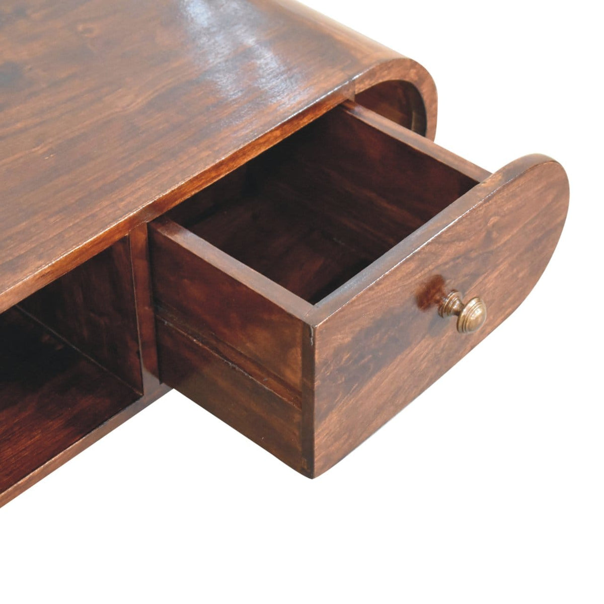 California Walnut Circular TV Unit - Entertainment Center in Solid Mango Wood - product view 6 showing handcrafted solid...