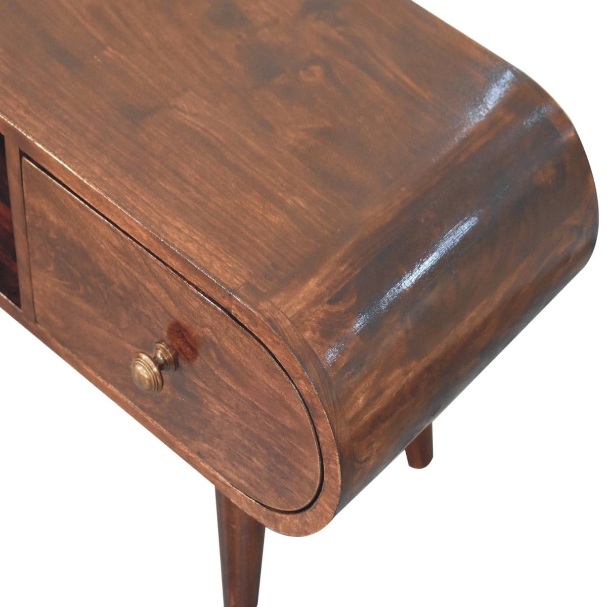 California Walnut Circular TV Unit - Entertainment Center in Solid Mango Wood - product view 5 showing handcrafted solid...