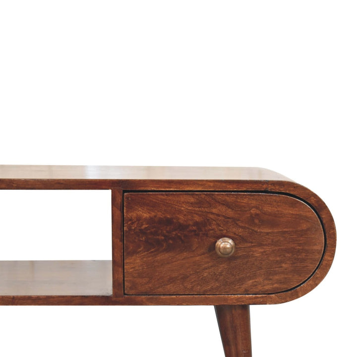 California Walnut Circular TV Unit - Entertainment Center in Solid Mango Wood - product view 4 showing handcrafted solid...