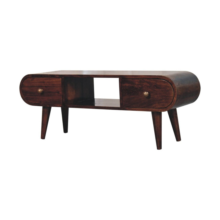 California Walnut Circular TV Unit - Entertainment Center in Solid Mango Wood - product view 3 showing handcrafted solid...