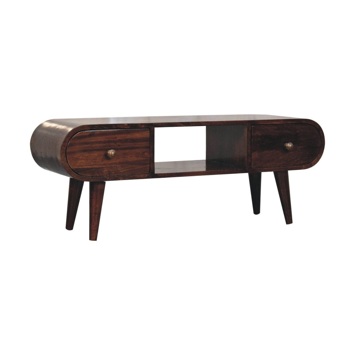 California Walnut Circular TV Unit - Entertainment Center in Solid Mango Wood - product view 2 showing handcrafted solid...