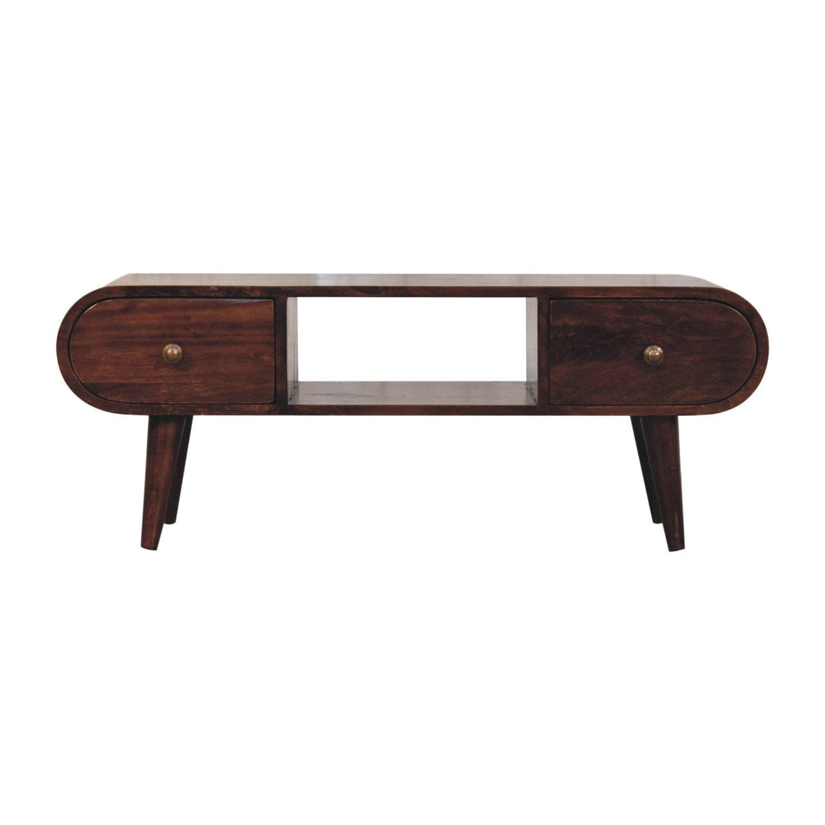 California Walnut Circular TV Unit - Entertainment Center in Solid Mango Wood - main view showing handcrafted solid mango...