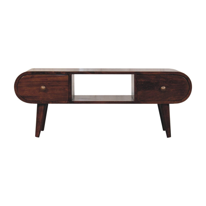 California Walnut Circular TV Unit - Entertainment Center in Solid Mango Wood - main view showing handcrafted solid mango...