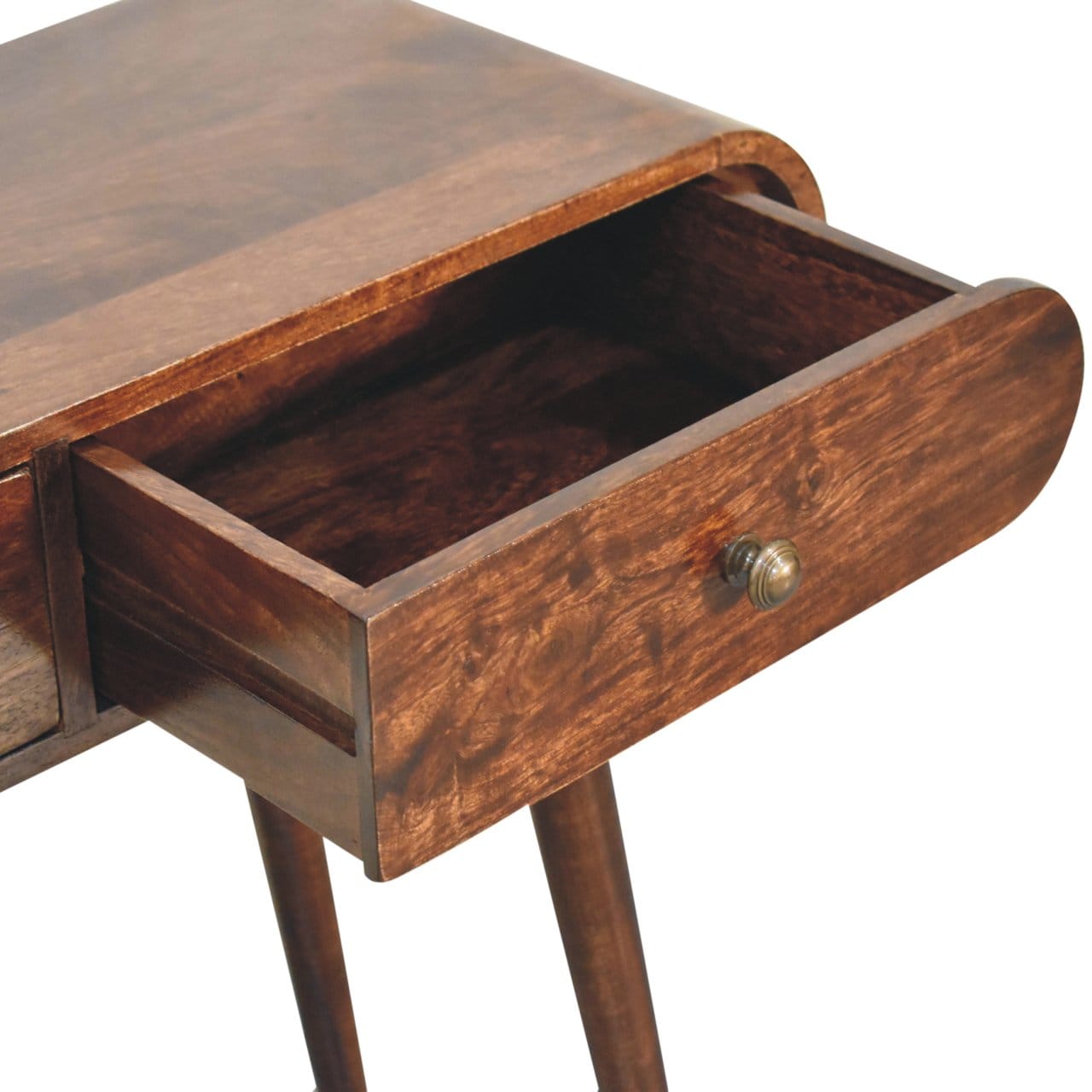 California Walnut Curved Edge Console Table - Solid Mango Wood Hallway Console for Entryway - product view 7 showing...