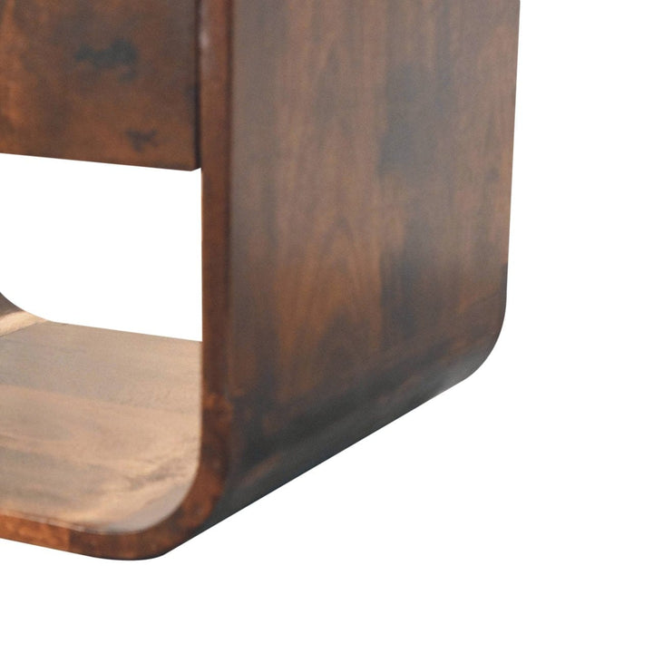 California Walnut Curved Edge Nightstand - Solid Mango Wood Bedside Table for Bedroom close-up of the curved edge design