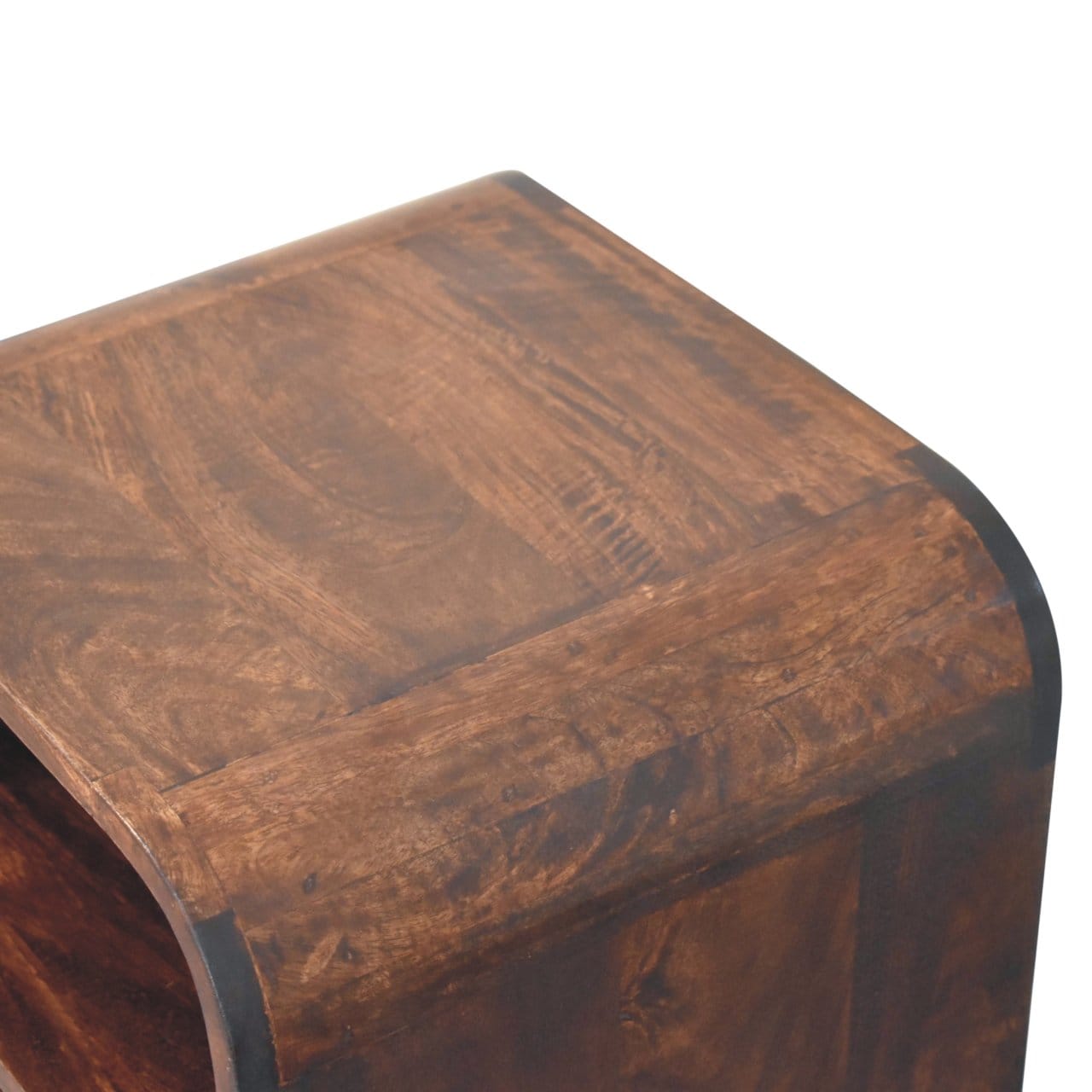 California Walnut Curved Edge Nightstand - Solid Mango Wood Bedside Table for Bedroom top view showcasing craftsmanship.