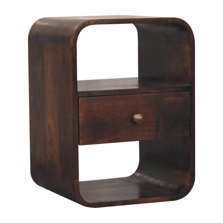 California Walnut Curved Edge Nightstand - Solid Mango Wood Bedside Table for Bedroom with one drawer and open shelf.