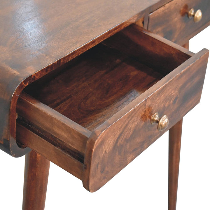 California Walnut Curved Solid Mango Wood Console Table - product view 7 showing handcrafted solid mango wood console table